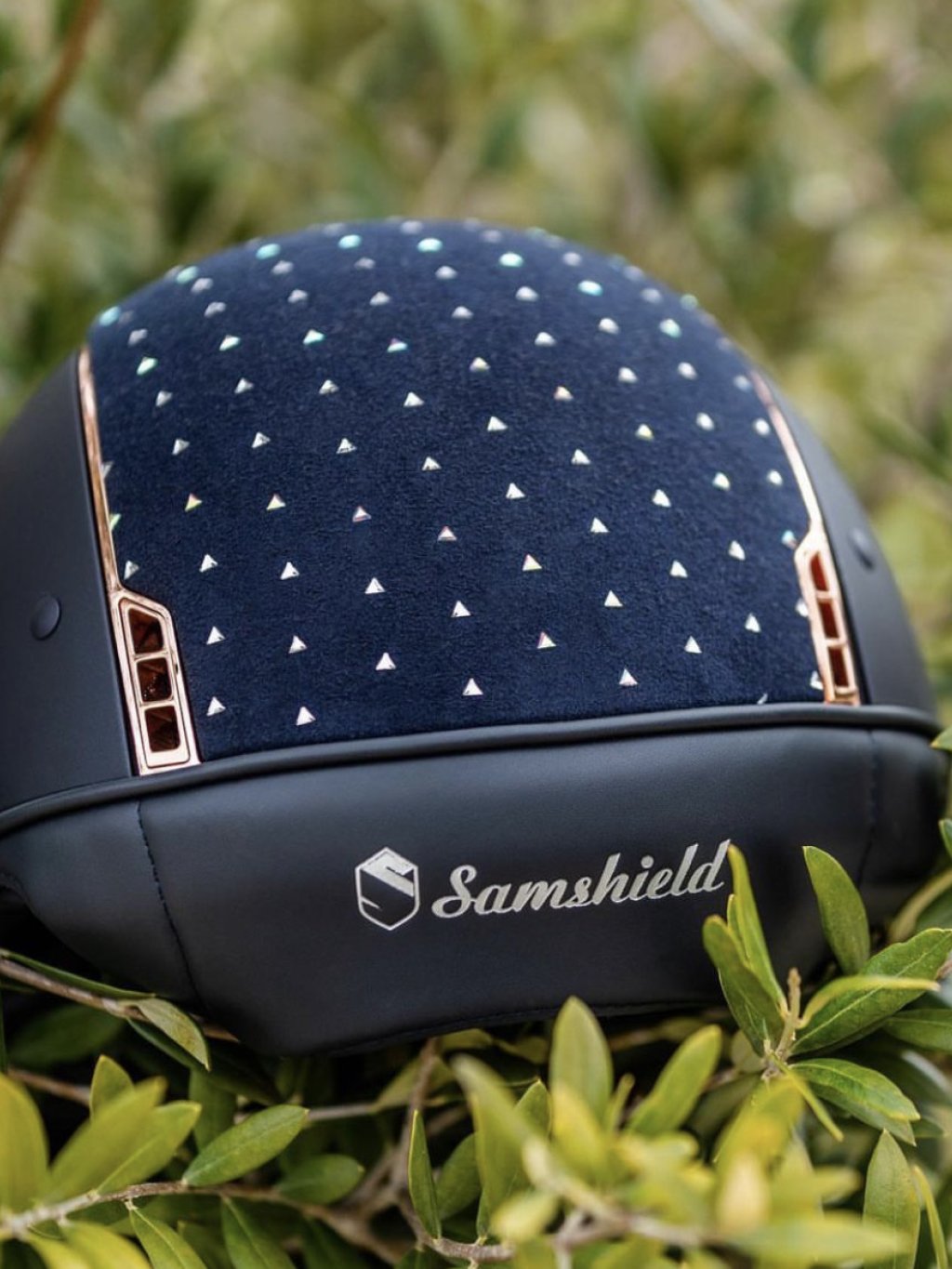 SAMSHIELD Shadowmatt Helmet: Matt Blue with Swarovski Rose Gold Elegance