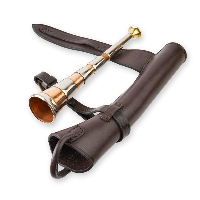 Dark brown leather case, fox hunting copper horn, leather case, copper horn, hunting copper horn, Hunting Horn