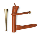 hunting horn, fox hunting horn, fox horn, brown leather case, leather case, copper fox hunting horn