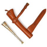 hunting horn, fox hunting horn, fox horn, tan leather case, leather case, copper fox hunting horn