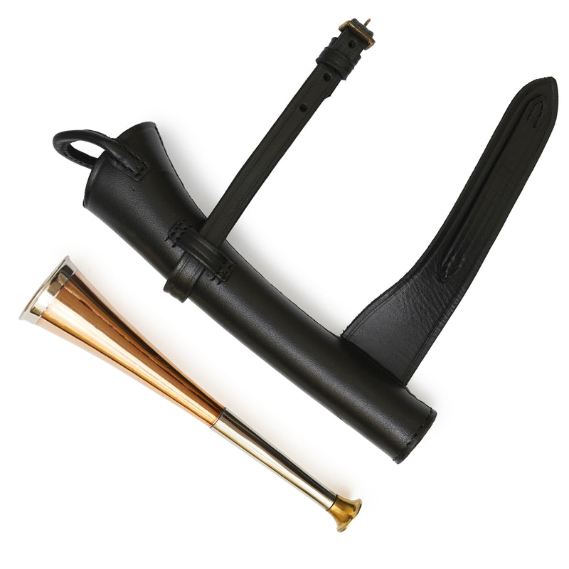 black leather case, fox hunting copper horn, leather case, copper horn, hunting copper horn, Hunting Horn