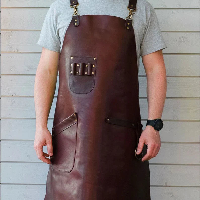 leather apron, leather work apron, professional leather apron, leather apron with tool holder, burgundy leather apron, leather apron straps